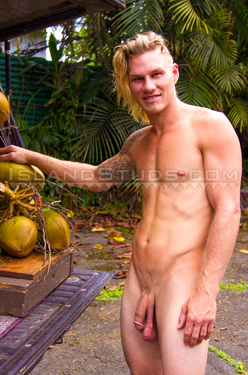 IslandStuds Coconut Calvin horse hung jock smooth muscle butt jerks massive hard cock nude young men sexy athlete bubble ass cheeks 02 gay porn star sex video gallery photo - Coconut Calvin jerks his massive hard cock while swimming naked